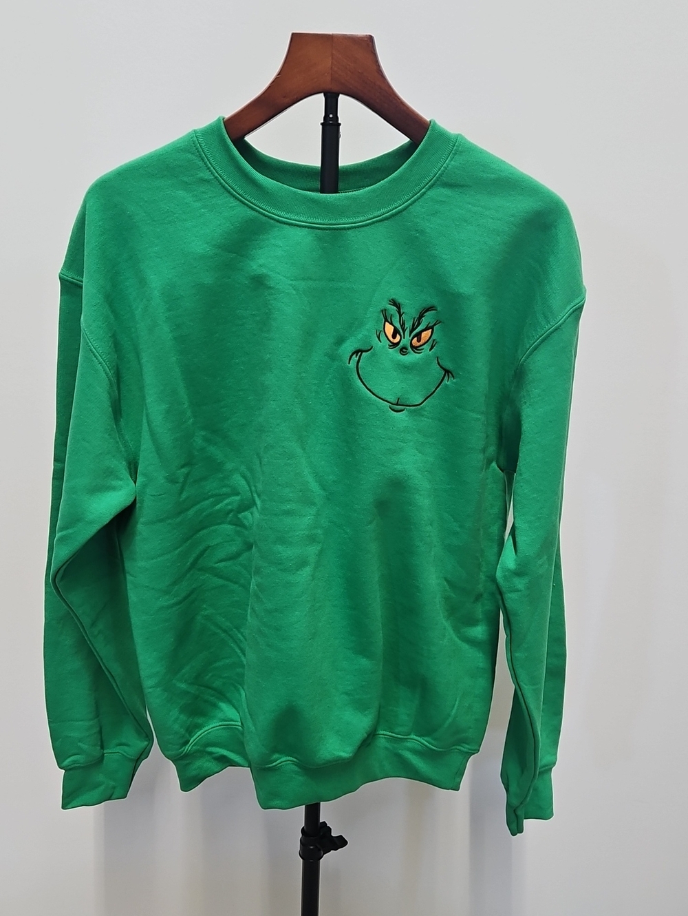 Gildan Green Crewneck Sweatshirt with Embroidered Grinch Face